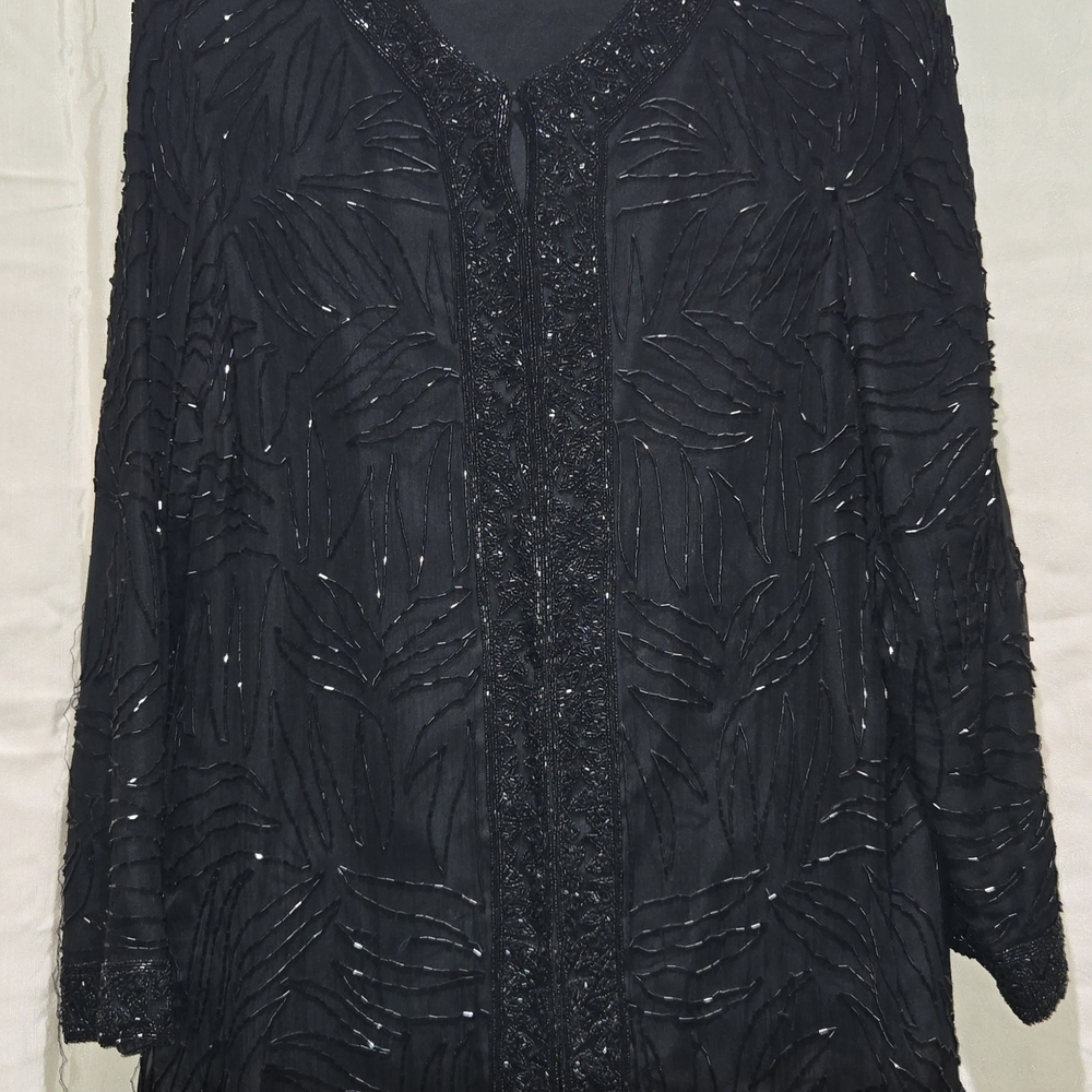 WMNS SZ XL BRILLIANTE BY J.A. BLACK BEADED OPEN FRONT TOP 100% SILK SHEER